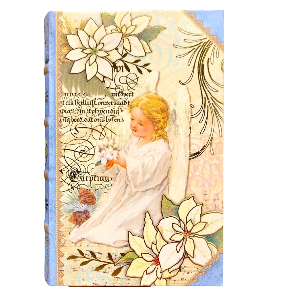 Punch Studio Gold Foil Petite Book Box ~ White Poinsettia Child Angel 11237